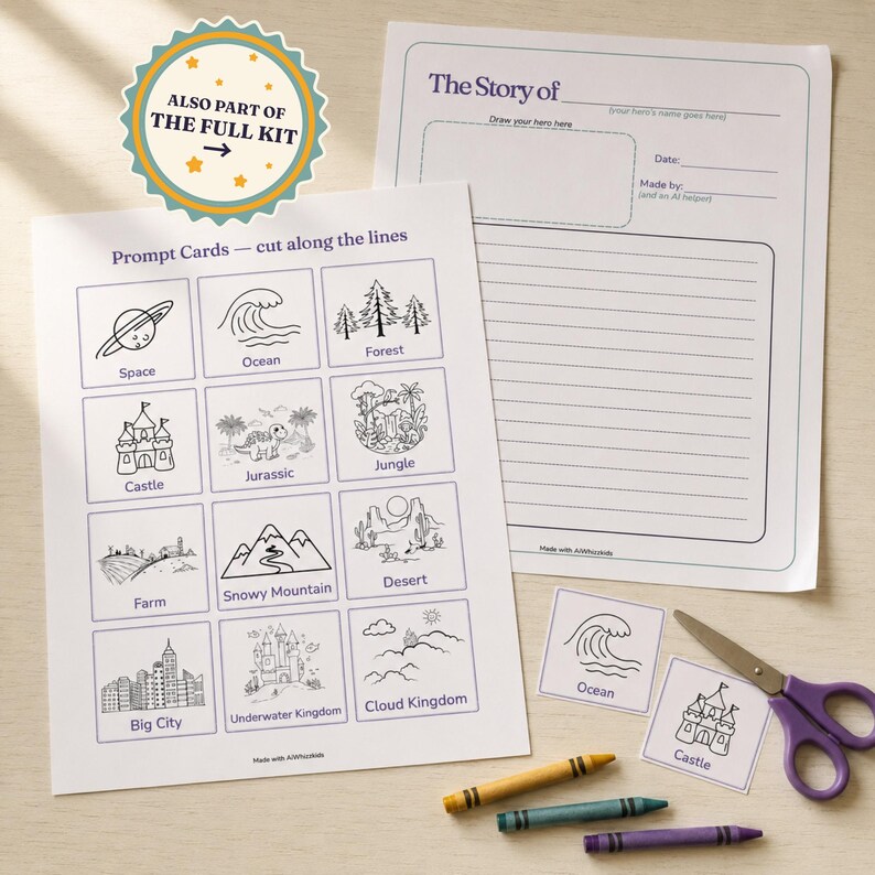 The printable World Cards sheet next to a blank "The Story of" keepsake page, two cut story prompt cards and scissors alongside, with a badge reading "Also part of the full kit," showing the AiWhizzkids Story Prompt Cards deck is included in the larger Family AI Bedtime Build Kit.