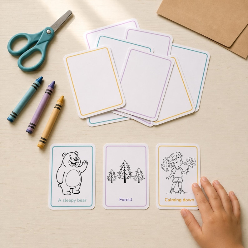 Overhead photo of three printable story prompt cards on a table - A Sleepy Bear, Forest, and Calming Down - with a child's hand reaching for one, surrounded by crayons, scissors, and a kraft envelope, from the AiWhizzkids 36 Story Prompt Cards printable deck.