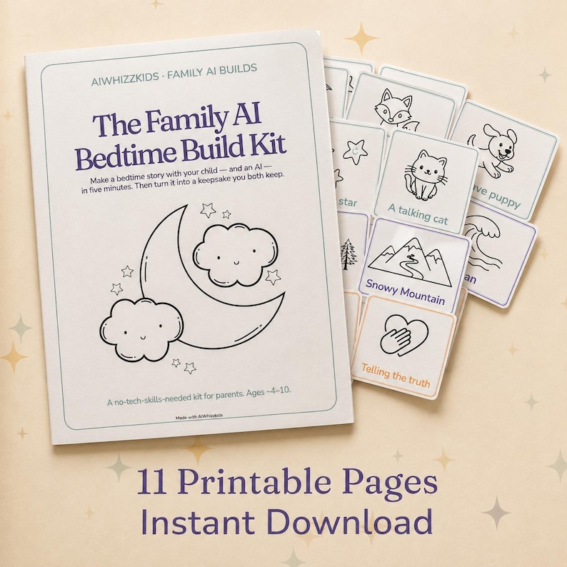 Puede incluir: El Family AI Bedtime Build Kit incluye un folleto de instrucciones blanco con una ilustraci&oacute;n de una luna creciente y nubes, adem&aacute;s de varias tarjetas cuadradas con iconos de arte lineal y etiquetas como A talking cat.