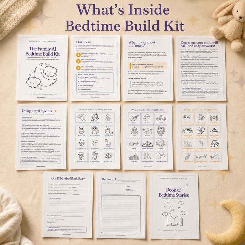 Puede incluir: Una colecci&oacute;n de diez hojas de actividades impresas tituladas What's Inside Bedtime Build Kit, que incluyen instrucciones, tarjetas con ilustraciones de l&iacute;neas de animales y paisajes, plantillas de historias para completar y un libro de cuentos.