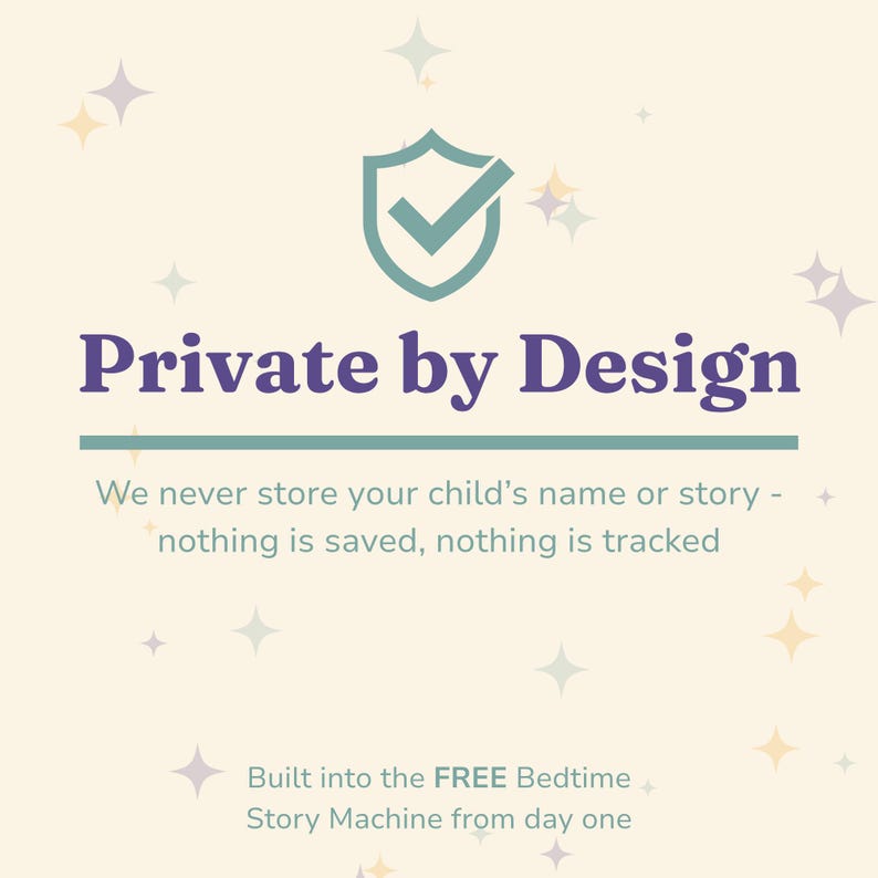 Text graphic with a shield checkmark icon reading "Private by Design - we never store your child's name or story, nothing is saved, nothing is tracked," noting this privacy promise is built into the free Bedtime Story Machine from day one.