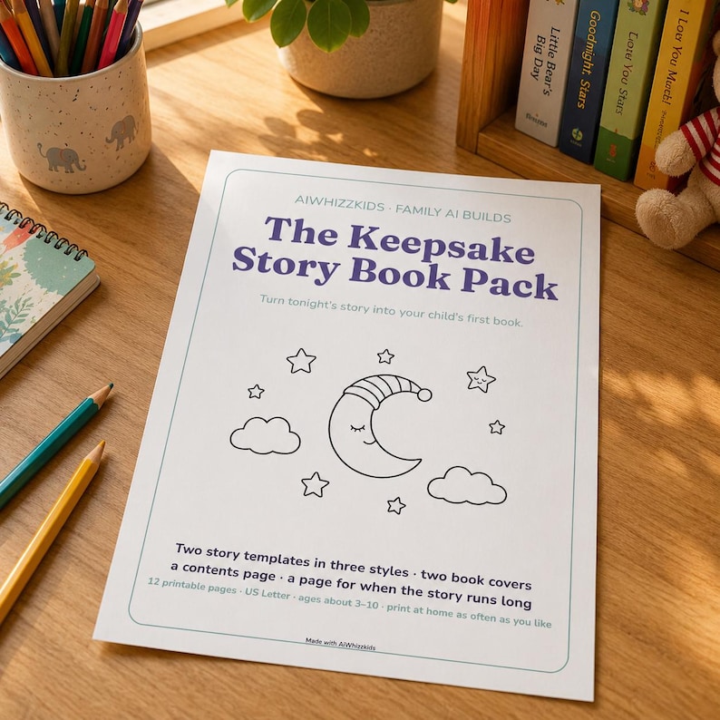 May include: A white paper sheet titled The Keepsake Story Book Pack by AIWHIZZKIDS. The page features a line drawing of a sleeping moon wearing a nightcap, surrounded by stars and clouds. Text details include two story templates and twelve pages.