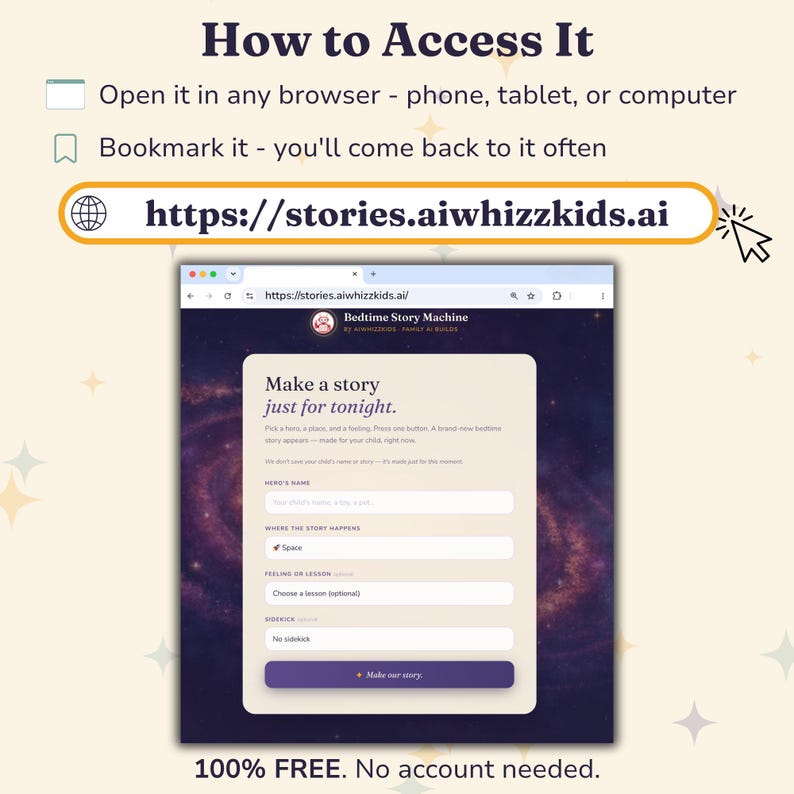 Text graphic titled "How to Access It," explaining that our free Bedtime Story Machine opens in any browser on phone, tablet or computer, can be bookmarked at stories.aiwhizzkids.ai, and is 100% free with no account needed - shown over a mockup of the tool's "Make a story just for tonight" screen.