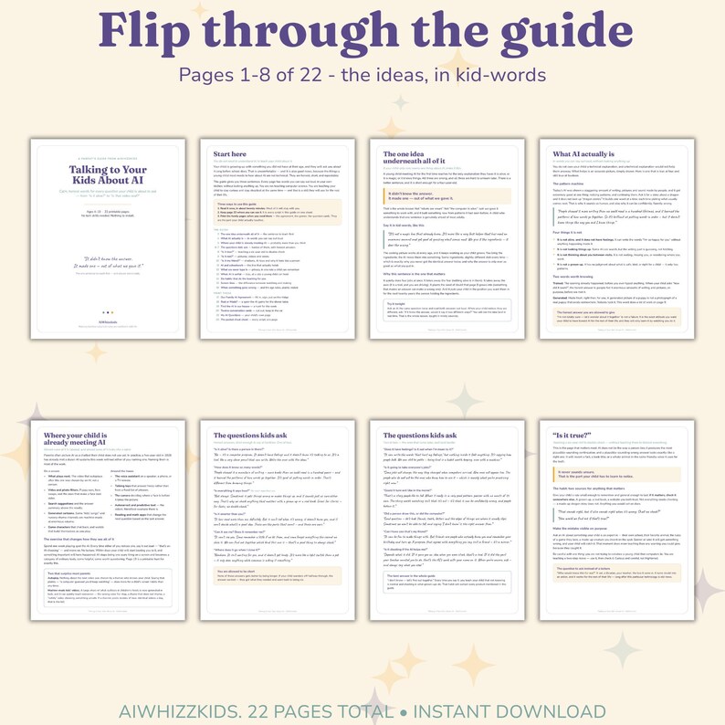 Pages 1 to 8 of the guide: the cover, contents, what AI is, and where children already meet it