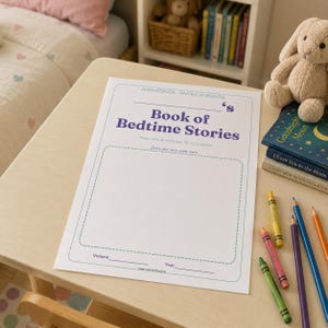 May include: A white paper activity sheet titled 'Book of Bedtime Stories' with purple text, featuring a large rectangular dashed border for drawing a cover, and lines for volume and year. The sheet includes the text 'AIWHIZZKIDS - FAMILY AI BUILDS'.