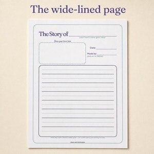 May include: A white paper sheet titled The wide-lined page featuring The Story of with a blank line for a name, a dashed box for drawing, and lines for date and author. Below is a section with wide lines and a dotted middle guide for writing.