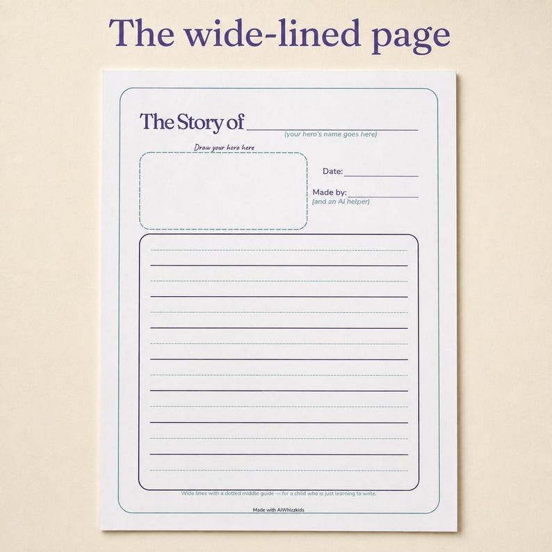 May include: A white paper sheet titled The wide-lined page featuring The Story of with a blank line for a name, a dashed box for drawing, and lines for date and author. Below is a section with wide lines and a dotted middle guide for writing.