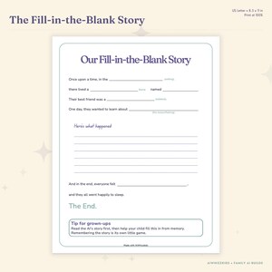 Puede incluir: Una hoja imprimible blanca titulada The Fill-in-the-Blank Story con texto oscuro. Incluye indicaciones para una historia, como el escenario, el h&eacute;roe, el compa&ntilde;ero y la lecci&oacute;n, seguidas de l&iacute;neas en blanco y un consejo para adultos al final.