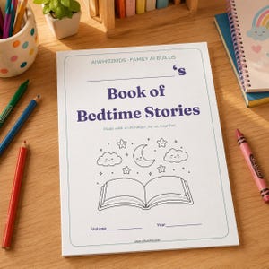 May include: A white softcover book titled 'Book of Bedtime Stories' with a purple font, featuring a line art illustration of an open book, a crescent moon, stars, and clouds. The cover includes text fields for a name, volume, and year.