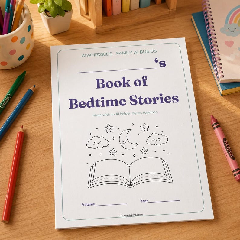 May include: A white softcover book titled 'Book of Bedtime Stories' with a purple font, featuring a line art illustration of an open book, a crescent moon, stars, and clouds. The cover includes text fields for a name, volume, and year.