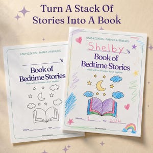 Puede incluir: Dos libros blancos titulados Shelby's Book of Bedtime Stories y Book of Bedtime Stories con el texto AIWHIZZKIDS FAMILY AI BUILDS. Las portadas presentan dibujos lineales de un libro, luna, estrellas y nubes, uno de ellos coloreado.