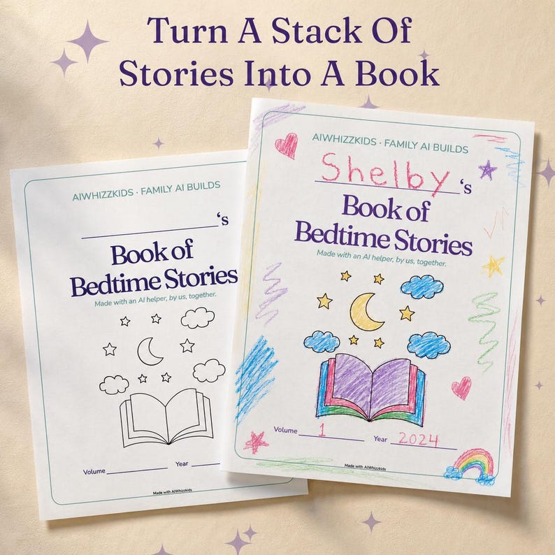 Puede incluir: Dos libros blancos titulados Shelby's Book of Bedtime Stories y Book of Bedtime Stories con el texto AIWHIZZKIDS FAMILY AI BUILDS. Las portadas presentan dibujos lineales de un libro, luna, estrellas y nubes, uno de ellos coloreado.