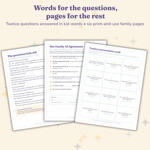 Three pages fanned out: the questions kids ask, the Family AI Agreement, and twelve conversation cards