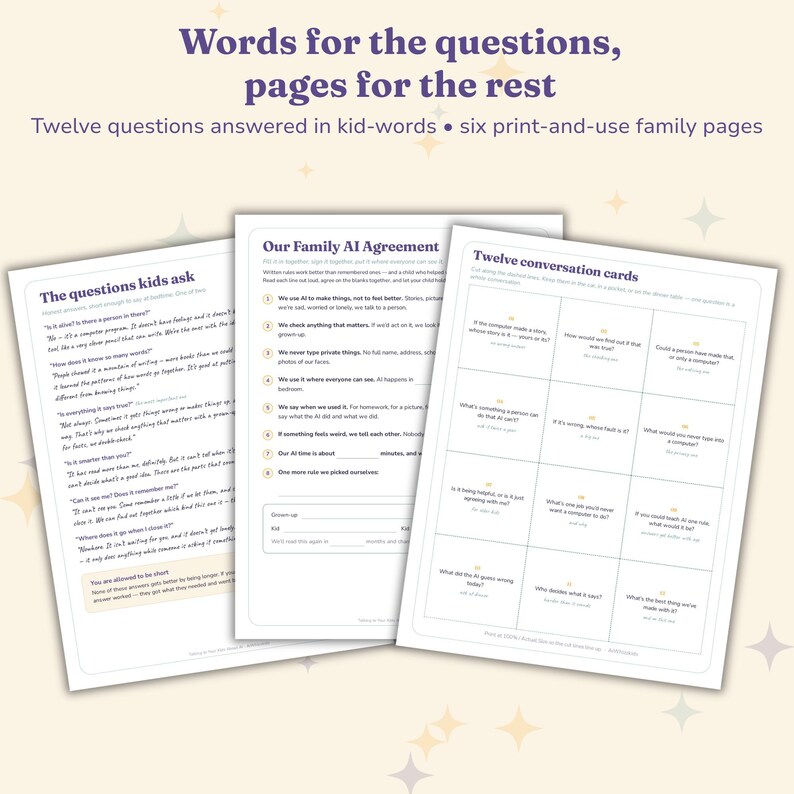 Three pages fanned out: the questions kids ask, the Family AI Agreement, and twelve conversation cards