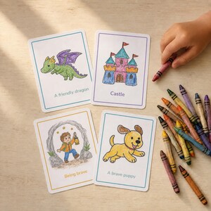 Four printable story prompt cards colored in by a child with crayons - A Friendly Dragon, Castle, Being Brave, and A Brave Puppy - next to a pile of crayons, showing the cards double as a coloring page from the AiWhizzkids Story Prompt Cards deck.