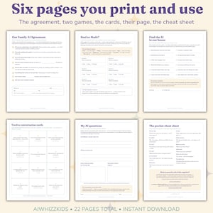 The six print and use family pages: AI agreement, two games, conversation cards, kids page, cheat sheet