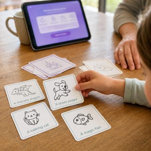 Puede incluir: Un conjunto de tarjetas educativas cuadradas blancas con dibujos de l&iacute;neas negras y texto. Las tarjetas muestran ilustraciones de un drag&oacute;n con A friendly dragon, un cachorro con A brave puppy, un gato con A talking cat y un pez con A magic fish.