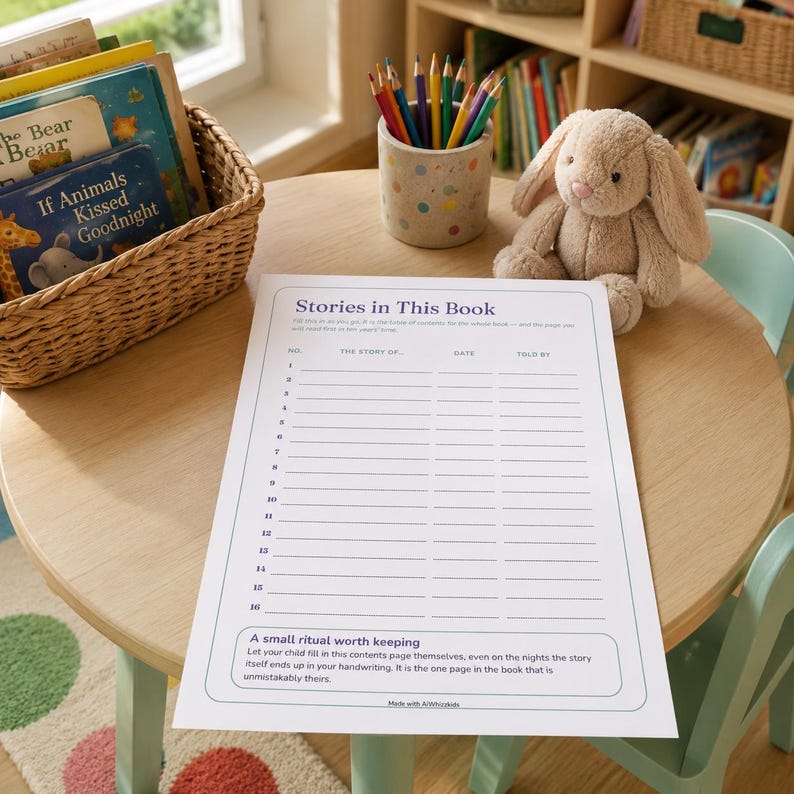 May include: A white paper sheet titled Stories in This Book with a numbered list from 1 to 16, columns for story title, date, and storyteller, and a bottom box with the text A small ritual worth keeping and instructions for children.