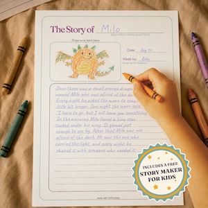 A printable keepsake story page from the Family AI Bedtime Build Kit, titled The Story of Milo, filled in with a handwritten bedtime story and a child's orange crayon drawing of a dragon in the draw your hero box, with Date and Made by lines and loose crayons scattered around it.