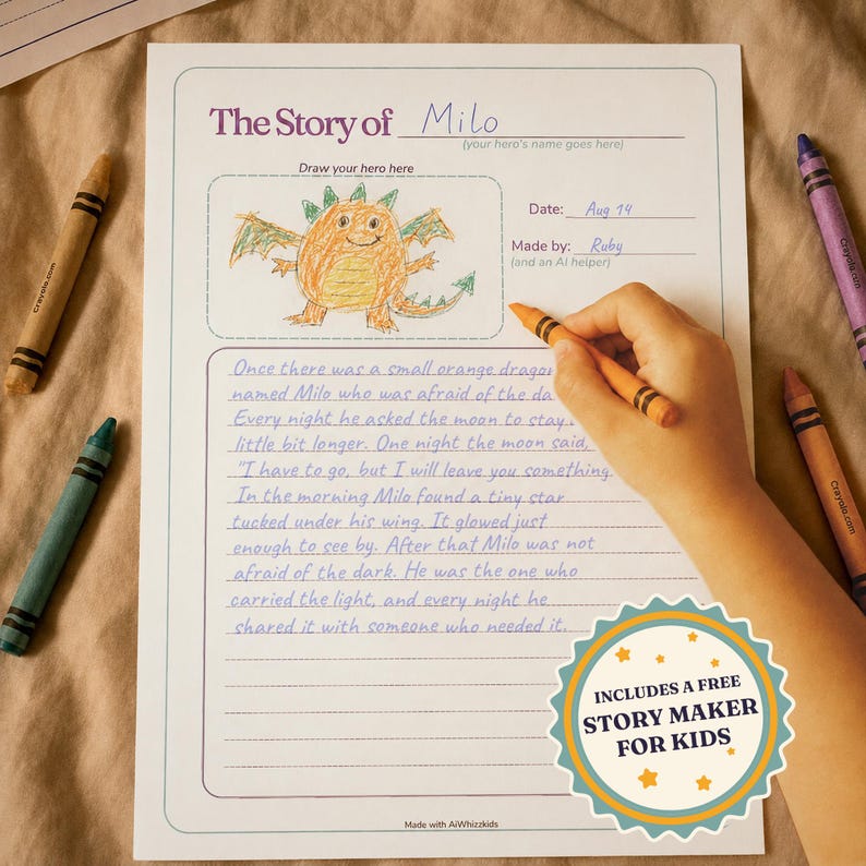 A printable keepsake story page from the Family AI Bedtime Build Kit, titled The Story of Milo, filled in with a handwritten bedtime story and a child's orange crayon drawing of a dragon in the draw your hero box, with Date and Made by lines and loose crayons scattered around it.