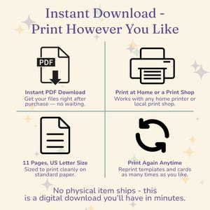An instant download graphic reading print however you like, with icons for a PDF file, a home printer, a single page and a repeat arrow: one printable PDF you can print at home as many times as you want, with nothing shipped.