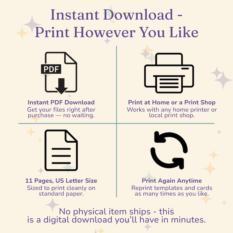 An instant download graphic reading print however you like, with icons for a PDF file, a home printer, a single page and a repeat arrow: one printable PDF you can print at home as many times as you want, with nothing shipped.