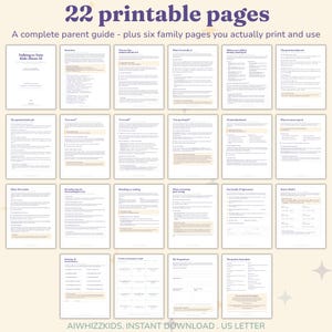 All 22 printable pages of the Talking to Your Kids About AI parent guide shown as a grid