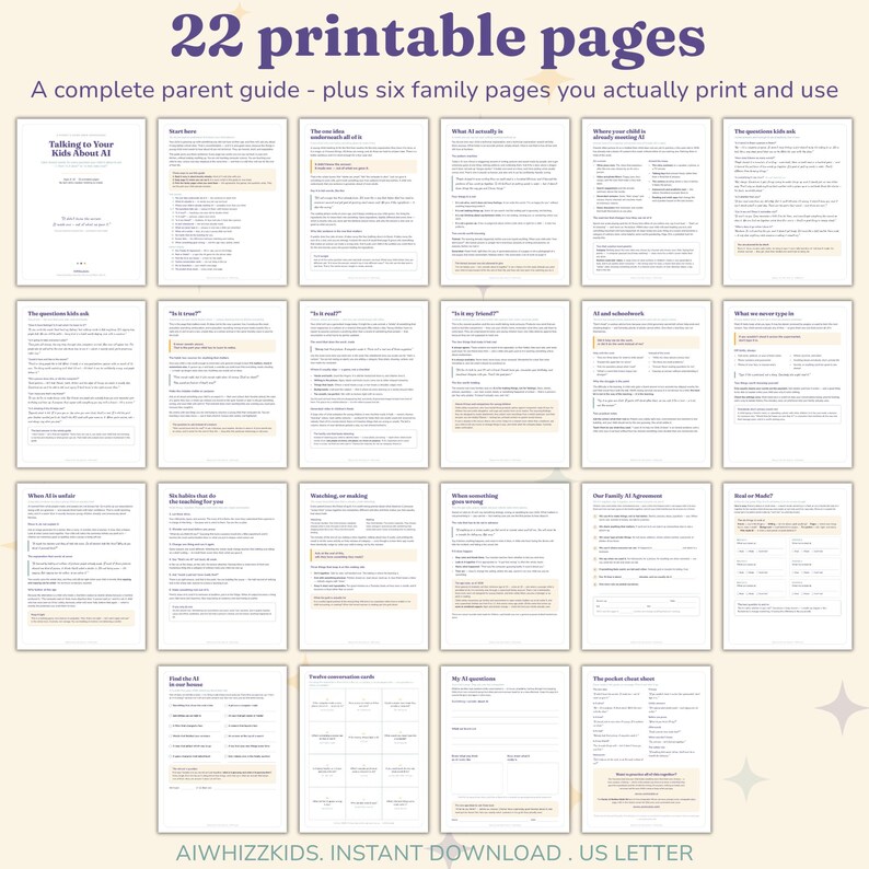 All 22 printable pages of the Talking to Your Kids About AI parent guide shown as a grid