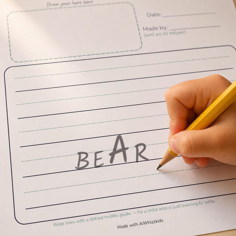 A young child gripping a chunky pencil and writing the word BEAR in large wobbly capitals on printable primary writing paper, with a solid baseline and a teal dotted middle guide line for each row.