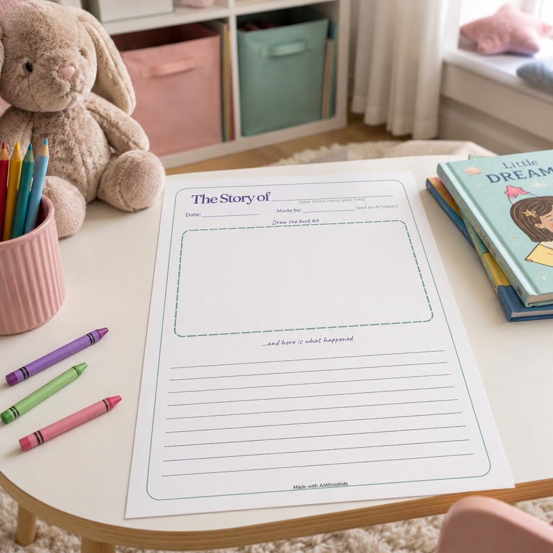 May include: A white paper activity sheet titled The Story of with fields for date, name, and a drawing box, surrounded by a pink pencil holder with colored pencils, a plush bunny, and a book titled Little Dream on a white table.