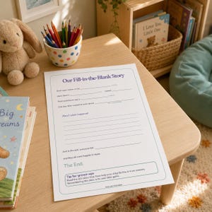 May include: A white paper sheet titled Our Fill-in-the-Blank Story with blue text and lines for writing. The form includes prompts for a name, friend, and topic, followed by a section for what happened, ending with a Tip for grown-ups box.