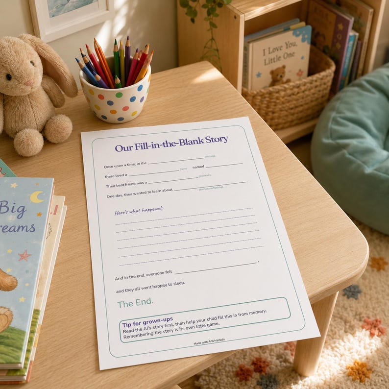 May include: A white paper sheet titled Our Fill-in-the-Blank Story with blue text and lines for writing. The form includes prompts for a name, friend, and topic, followed by a section for what happened, ending with a Tip for grown-ups box.