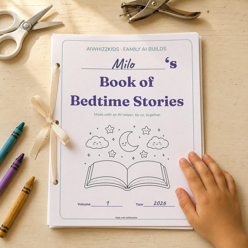 A child's hand resting on a handmade bedtime story book. Printed pages are bound with a cream ribbon threaded through three punched holes, and the printable cover reads Milo's Book of Bedtime Stories with a line-art moon, stars and open book.