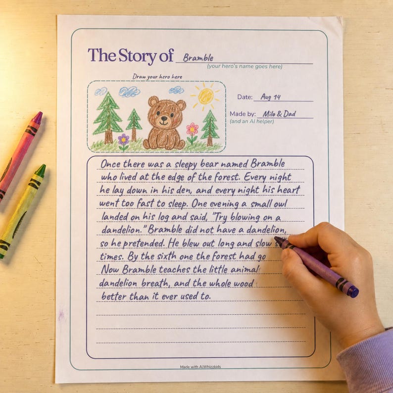 A printed keepsake story page reading "The Story of Bramble" with a crayon drawing of a sleepy bear in the corner and a short handwritten bedtime story filling the ruled lines, a child's hand coloring nearby with crayons on a wooden table, from the AiWhizzkids Keepsake Story Book Pack.