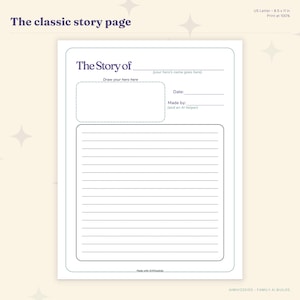 Puede incluir: Una plantilla de p&aacute;gina de historia blanca de 21,59 x 27,94 cm con texto oscuro. Incluye el t&iacute;tulo The classic story page, una secci&oacute;n The Story of para un h&eacute;roe, un recuadro Draw your hero here y l&iacute;neas para Date y Made by. Marca AIWhizzKids.