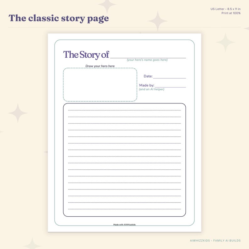 Puede incluir: Una plantilla de p&aacute;gina de historia blanca de 21,59 x 27,94 cm con texto oscuro. Incluye el t&iacute;tulo The classic story page, una secci&oacute;n The Story of para un h&eacute;roe, un recuadro Draw your hero here y l&iacute;neas para Date y Made by. Marca AIWhizzKids.
