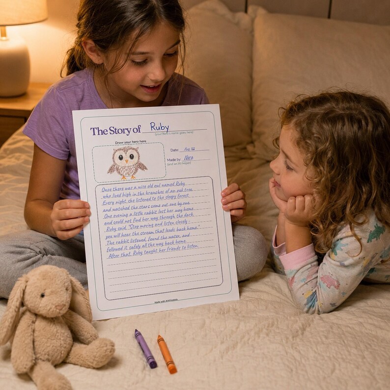 Puede incluir: Una hoja de actividades de papel blanco titulada The Story of Ruby con una ilustraci&oacute;n de un b&uacute;ho dibujada a mano, una fecha marcada como May 24, un nombre Nora y una historia escrita a mano sobre un b&uacute;ho llamado Ruby que ayuda a un conejo.
