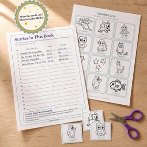 The filled-in "Stories in This Book" contents page from the Keepsake Story Book Pack, listing several story titles and dates, next to a printable Sidekick Cards sheet and three cut-out story prompt cards and scissors on a wooden table, with a badge reading "Want the cards too? They're in the $12 kit" - the cards themselves are sold separately in the Family AI Bedtime Build Kit and are not included in this pack.