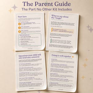 Puede incluir: Cuatro hojas informativas blancas tituladas The Parent Guide, The Part No Other Kit Includes, What to say about the magic, Questions your child will ask y Doing it well together, con texto negro y encabezados de color morado.