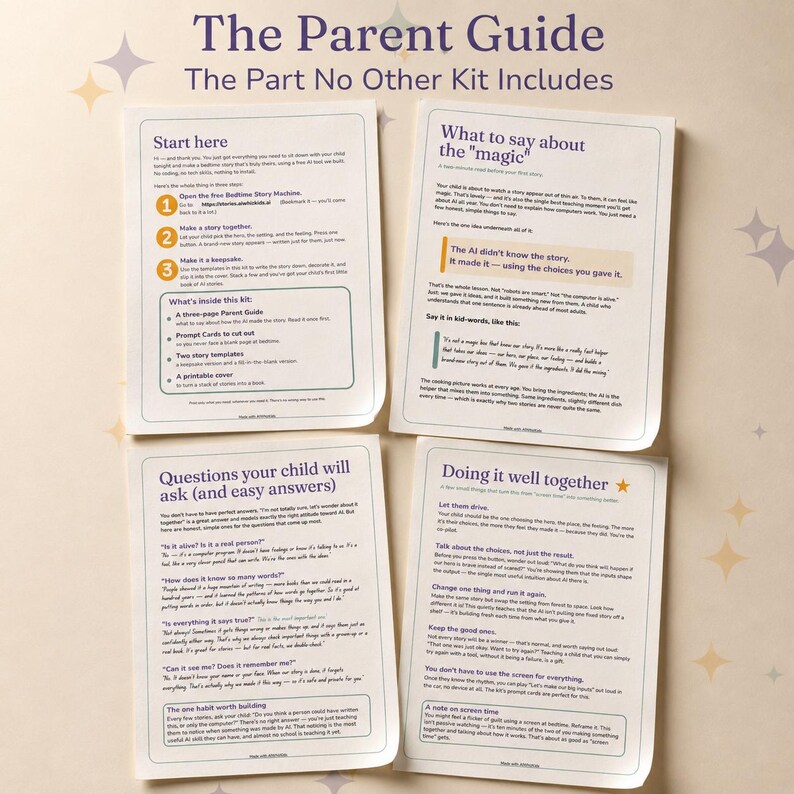 Puede incluir: Cuatro hojas informativas blancas tituladas The Parent Guide, The Part No Other Kit Includes, What to say about the magic, Questions your child will ask y Doing it well together, con texto negro y encabezados de color morado.