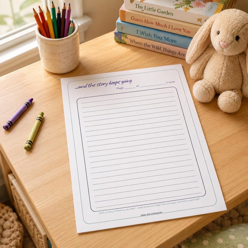 May include: A white sheet of paper with lined writing space, featuring the text "...and the story keeps going" at the top, accompanied by a beige plush rabbit, a ceramic cup filled with colored pencils, and two loose crayons on a wooden surface.
