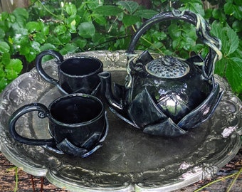 Black Lotus Tea Set, goth keuken, fancy theeservies, magisch decor, handgemaakte bloemkunst