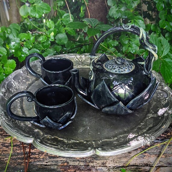 Black Lotus Tea Set Goth Kitchen Fancy Tea Set Magic Decor Etsy