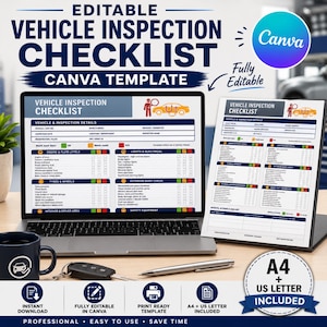 May include: A digital vehicle inspection checklist template displayed on a laptop screen and a printed sheet. The document features sections for vehicle details, engine, fluid levels, lights, electrical, tires, wheels, and exterior body checks.