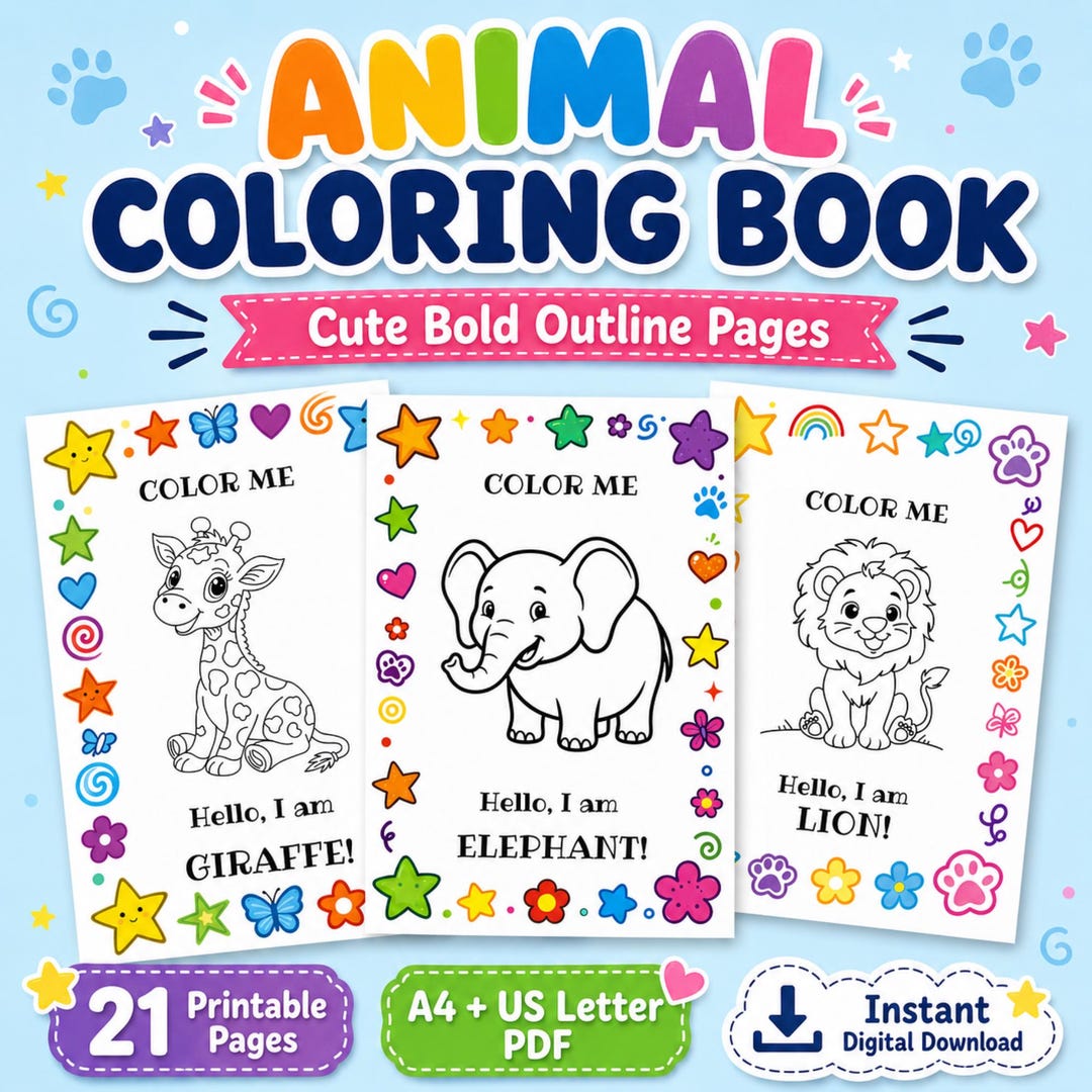 Kid Outline.pdf Animal Coloring Book for Kids, 20 Printable Pages, Toddler Preschool ...