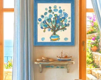 Handgefertigte Kieselstein Kunst Baum des Lebens Evil Eye Wanddekor Eingerahmt Steinmosaik