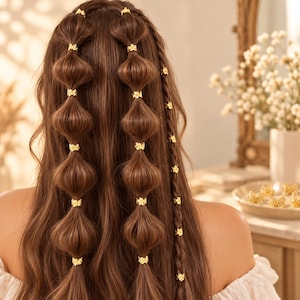 May include: A collection of small, gold-colored metal hair cuffs featuring a delicate floral design. These circular hair accessories are shown clipped onto sections of brown hair, creating a segmented bubble ponytail style and a single braided strand.
