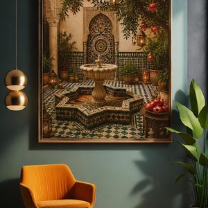 May include: A framed wall art print depicting a courtyard with a stone fountain, geometric tile flooring, and a pomegranate tree. The scene features intricate wall patterns, hanging lanterns, and a small table with fresh pomegranates.