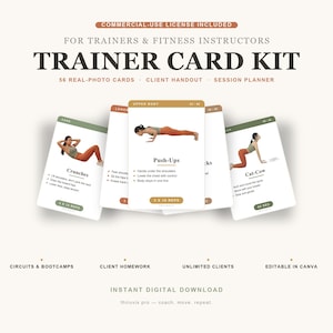 May include: A Trainer Card Kit featuring 56 real-photo cards for fitness instructors. The cards display exercise instructions like Crunches, Push-Ups, and Cat-Cow with photos of a person in athletic wear. Includes text for circuits, homework, and Canva editing.