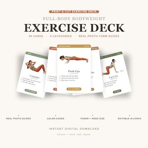 May include: A digital exercise deck featuring 56 cards with real-photo form guides for full-body bodyweight workouts. The cards are colour-coded into 6 categories, including core, upper body, and stretch, with text instructions and rep counts.